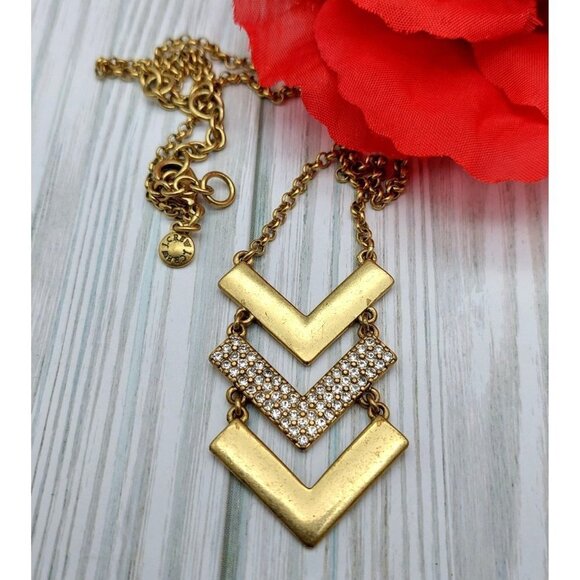 Long Gold Tone J. Crew Chevron Rhinestone Pendant Necklace 32" Rolo Chain - Picture 1 of 8